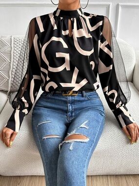 (A5) SHEIN Letter Graphic Mesh Lantern Sleeve Keyhole Blouse Black S (US 4)